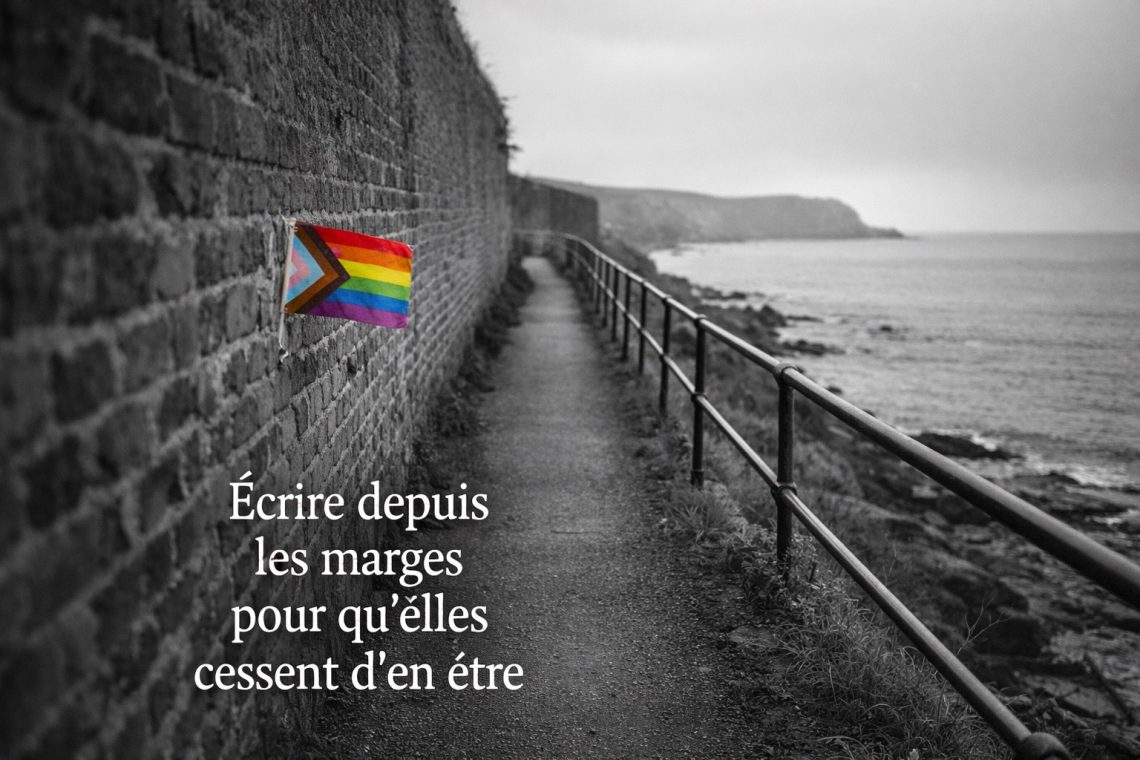 Photographie réaliste en noir et blanc d’un paysage britannique étroit et lumineux, avec drapeau queer en couleur, illustration de l’univers littéraire de Nathalie COURPENEY