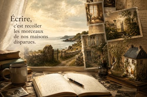 Image d’une scène de bureau d’écrivain baignée dans une lumière chaude et dorée, avec un carnet ouvert et un stylo plume sur une table en bois, entourés de livres anciens, de photos et d’objets évoquant des souvenirs. À l’arrière-plan, un paysage côtier et des maisons anciennes suggèrent une atmosphère de mémoire, de fiction et de lieux imaginaires inspirés du réel.